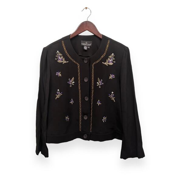 Vintage Carole Little Spring Flowers Embroidered Black Jacket Size 10 - Picture 1 of 5